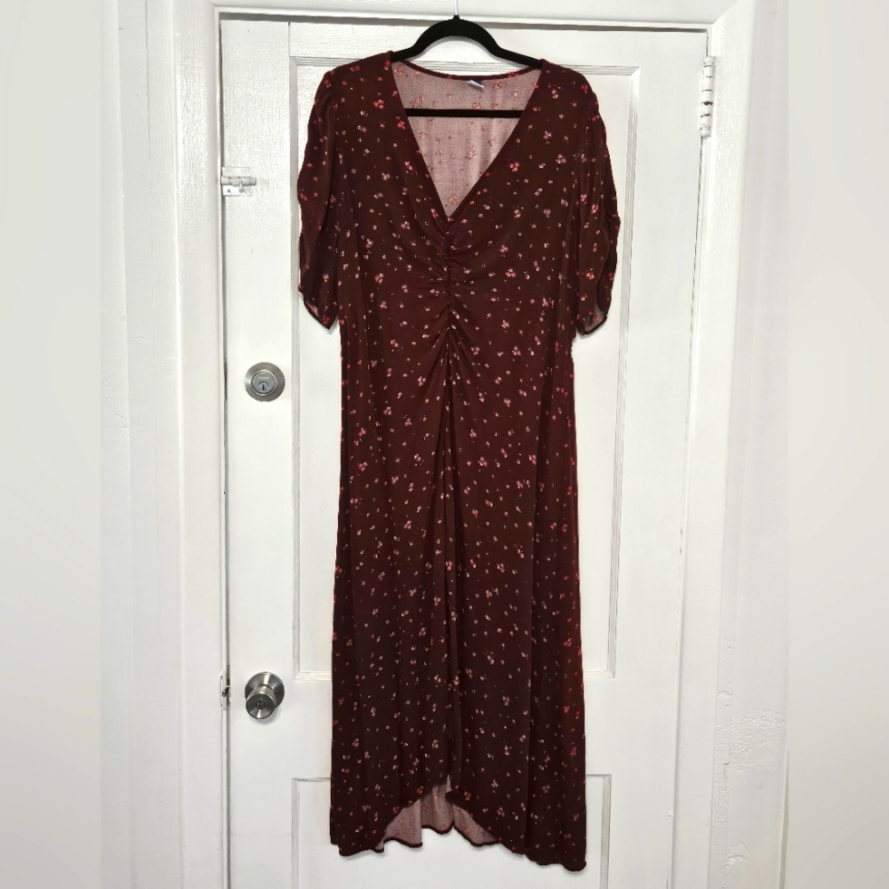 Puff-Sleeve V-Neck Crepe Midi Dress